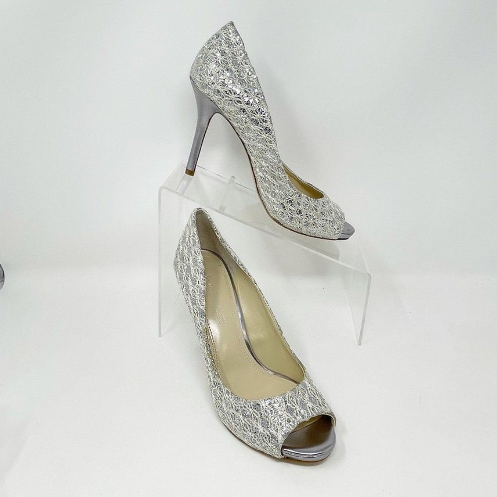 Enzo Angiolini Womens Silver Textile Upper Stiletto Peep toe Slip on Pump 7.5